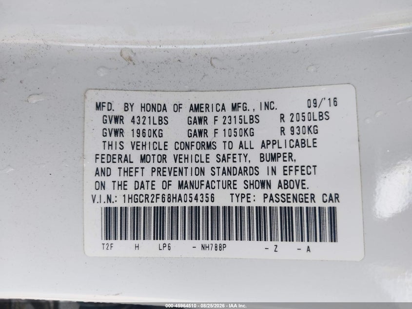 HONDA ACCORD 2017 VIN 1HGCR2F68HA054356