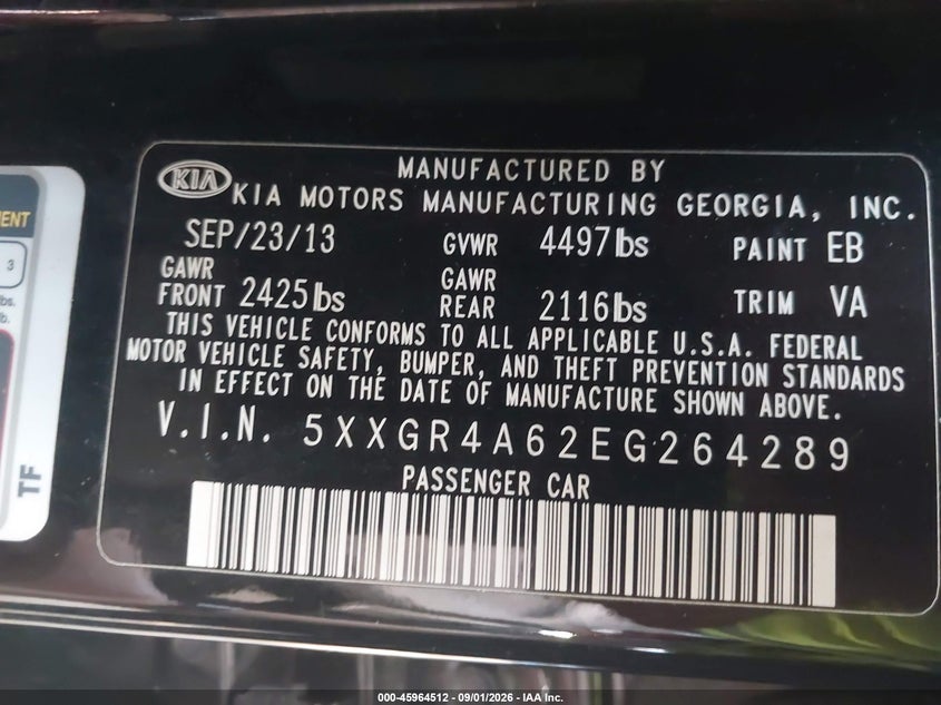 KIA OPTIMA 2014 VIN 5XXGR4A62EG264289