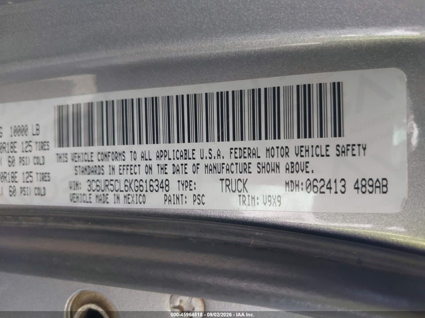 RAM 2500 2019 VIN 3C6UR5CL6KG616348