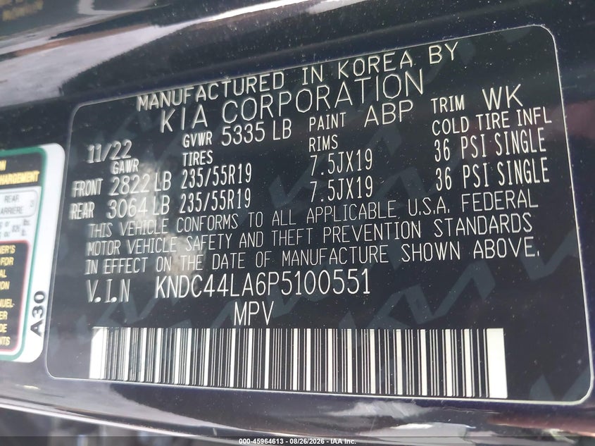 KIA EV6 2023 VIN KNDC44LA6P5100551