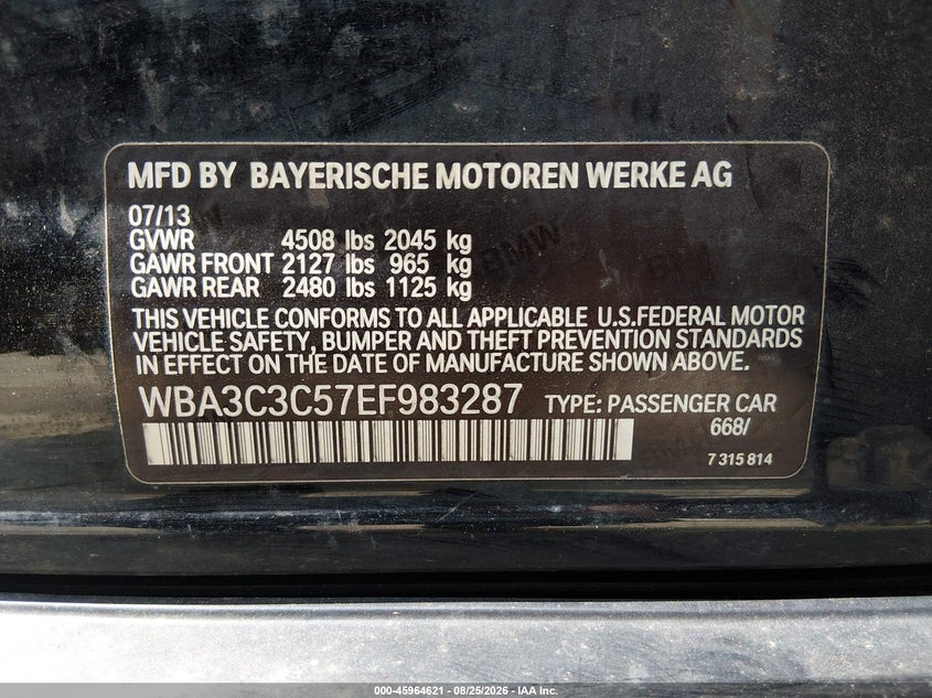 BMW 320I 2014 VIN WBA3C3C57EF983287