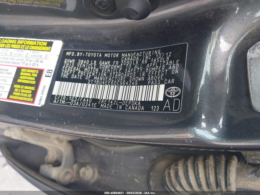 2013 TOYOTA COROLLA SEDAN 1.8L I-4 DOHC, VVT, 132HP