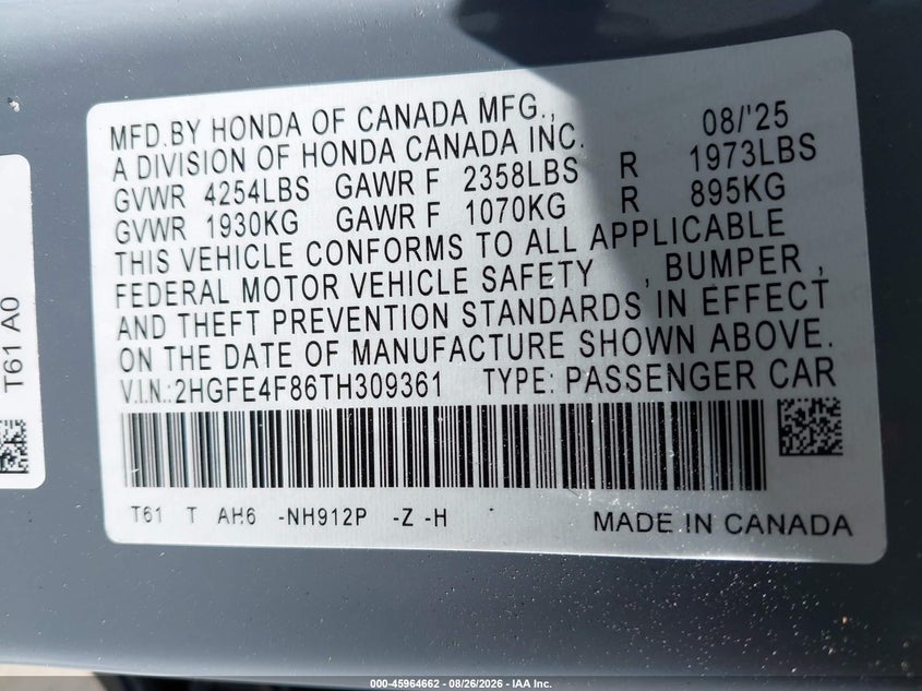HONDA CIVIC HYBRID 2026 VIN 2HGFE4F86TH309361