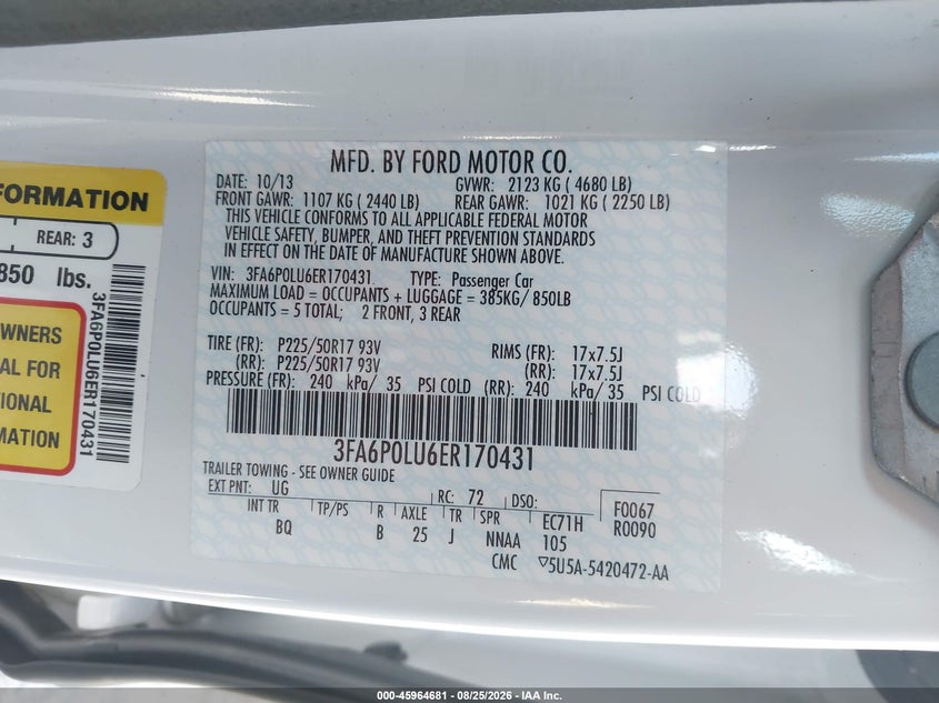 2014 FORD FUSION SEDAN 2.0L I-4 DOHC, VVT, 141HP