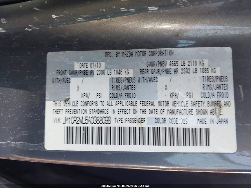 MAZDA MAZDA5 2010 VIN JM1CR2WL5A0388098