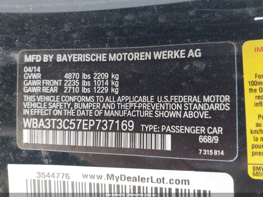 BMW 435I 2014 VIN WBA3T3C57EP737169