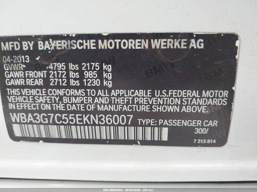 BMW 328I 2014 VIN WBA3G7C55EKN36007