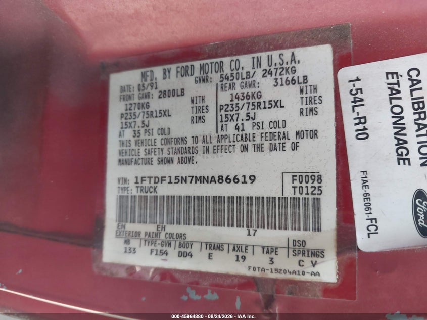 FORD F150 1991 VIN 1FTDF15N7MNA86619