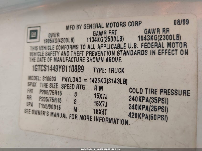 GMC SONOMA 2000 VIN 1GTCS1449Y8110889