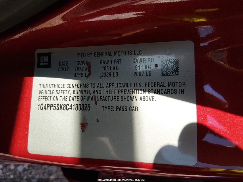 BUICK VERANO 2012 VIN 1G4PP5SK8C4180326