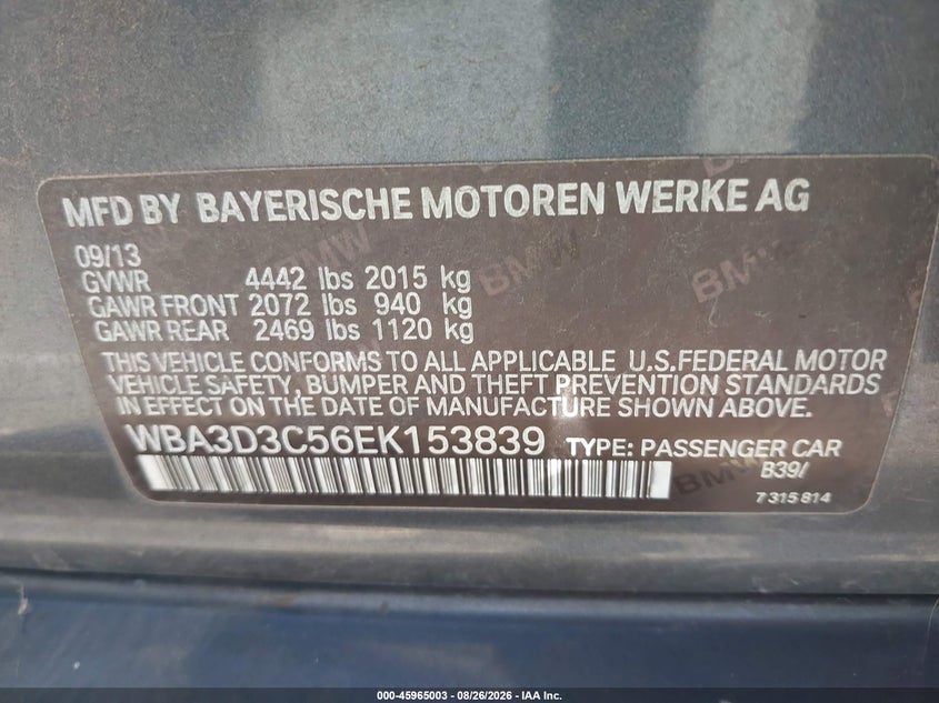 BMW 328D 2014 VIN WBA3D3C56EK153839