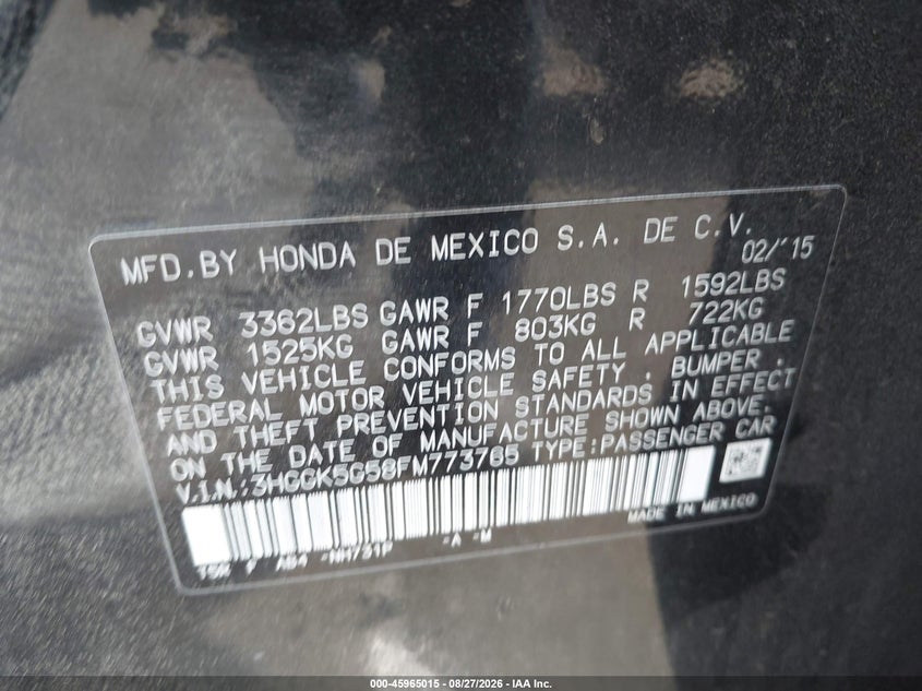 HONDA FIT 2015 VIN 3HGGK5G58FM773765