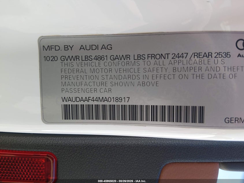 AUDI A4 2021 VIN WAUDAAF44MA018917