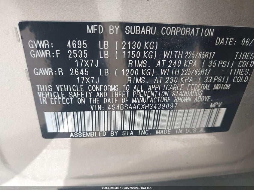 SUBARU OUTBACK 2017 VIN 4S4BSAACXH3439097