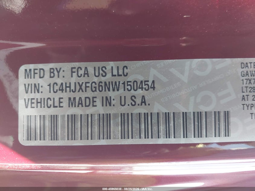 JEEP WRANGLER UNLIMITED 2022 VIN 1C4HJXFG6NW150454