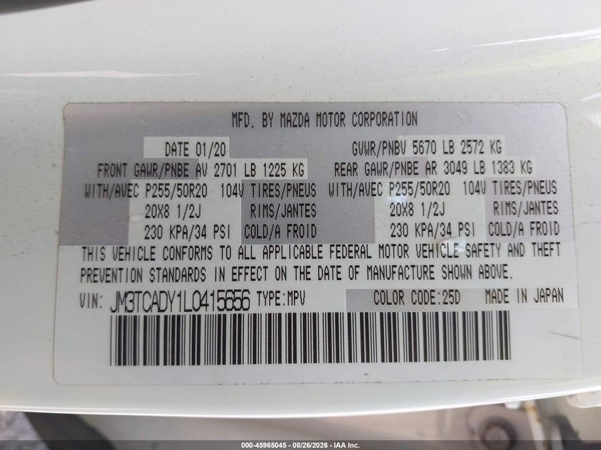 MAZDA CX-9 2020 VIN JM3TCADY1L0415656