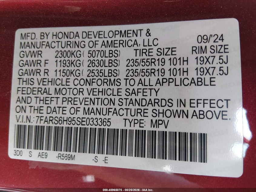 2025 HONDA CR-V SPORT UTILITY VEHICLE 2.0L I-4 DI, DOHC, VVT, REGULAR , 145HP
