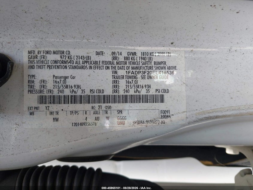 FORD FOCUS 2014 VIN 1FADP3F20EL416536