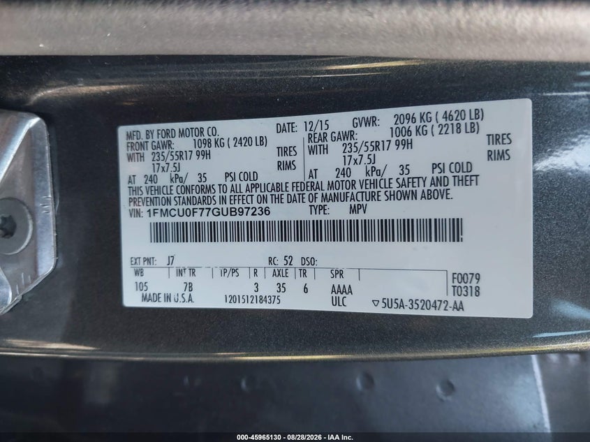 FORD ESCAPE 2016 VIN 1FMCU0F77GUB97236