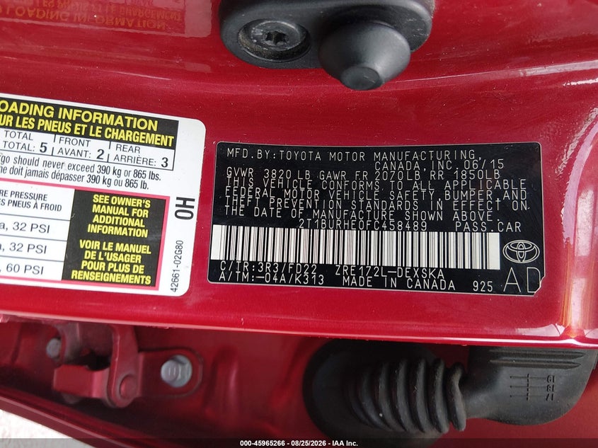 2015 TOYOTA COROLLA SEDAN 1.8L I-4 DOHC, VVT, 132HP
