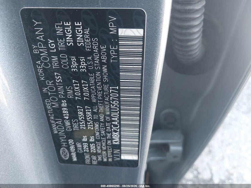 HYUNDAI KONA 2020 VIN KM8K2CAA0LU567071