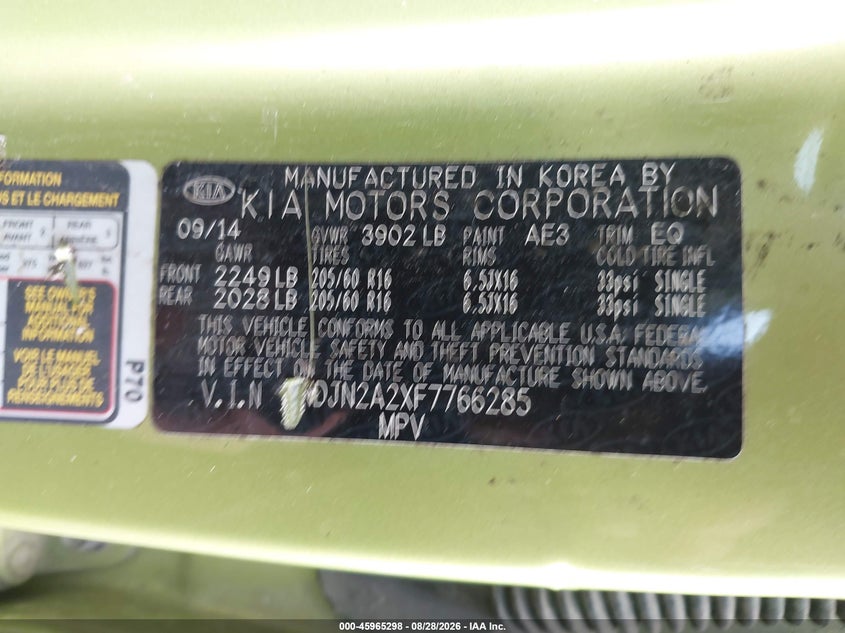 KIA SOUL 2015 VIN KNDJN2A2XF7766285