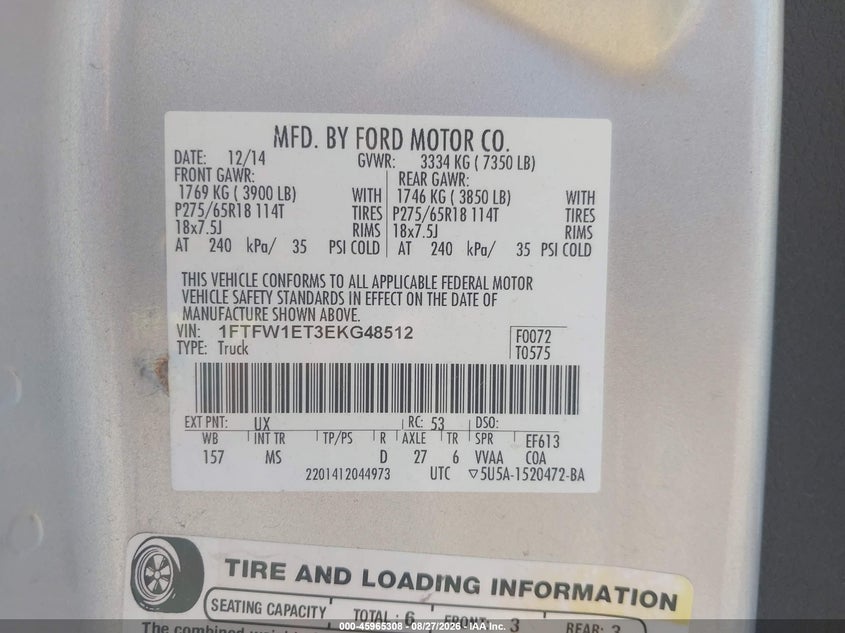 FORD F150 2014 VIN 1FTFW1ET3EKG48512
