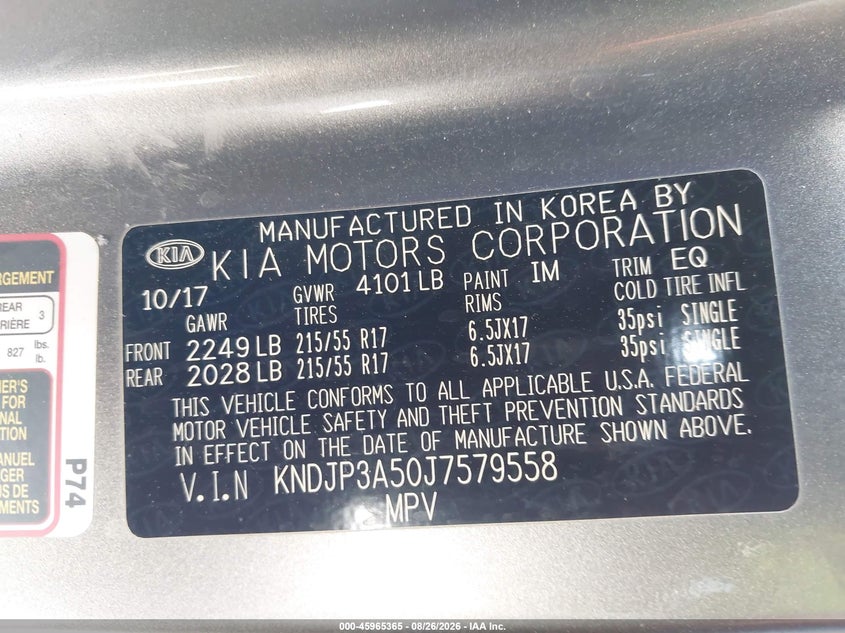 KIA SOUL 2018 VIN KNDJP3A50J7579558