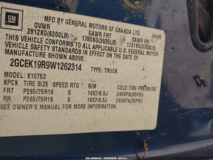 CHEVROLET K1500 1998 VIN 2GCEK19R9W1262314