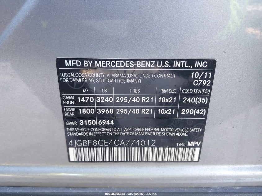 MERCEDES-BENZ GL 550 2012 VIN 4JGBF8GE4CA774012
