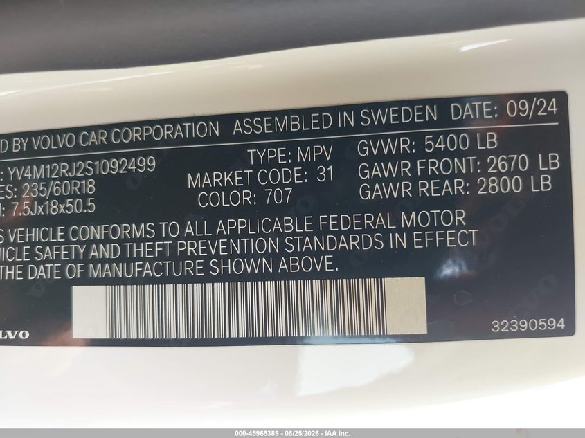 VOLVO XC60 2025 VIN YV4M12RJ2S1092499