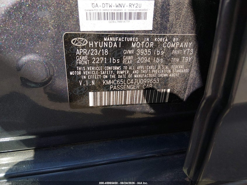 HYUNDAI IONIQ HYBRID 2018 VIN KMHC65LC4JU099653