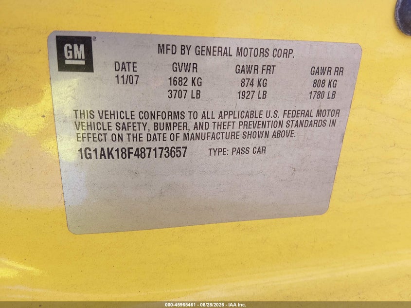 CHEVROLET COBALT 2008 VIN 1G1AK18F487173657