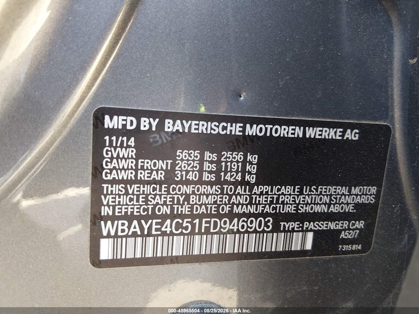 BMW 740LI 2015 VIN WBAYE4C51FD946903
