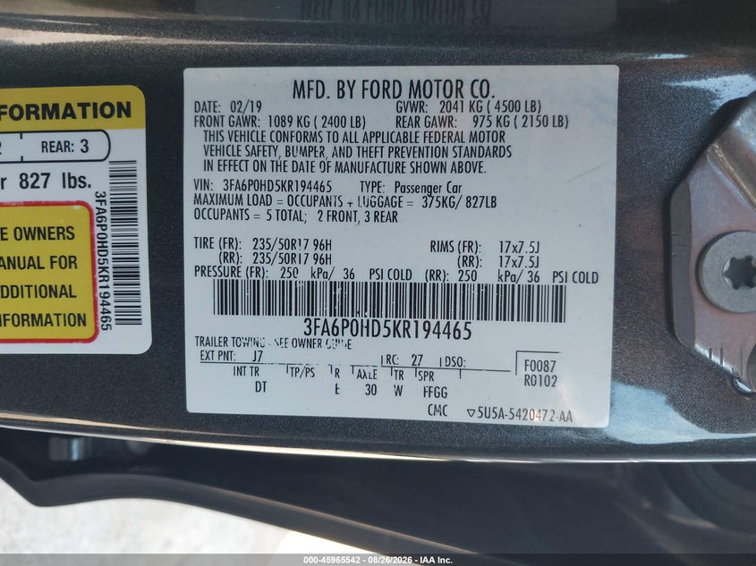 2019 FORD FUSION SEDAN 1.5L I-4 DI, DOHC, VVT, TURBO, REGULAR , 181HP