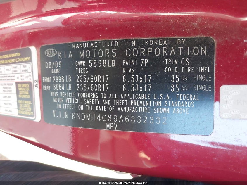 KIA SEDONA 2010 VIN KNDMH4C39A6332332