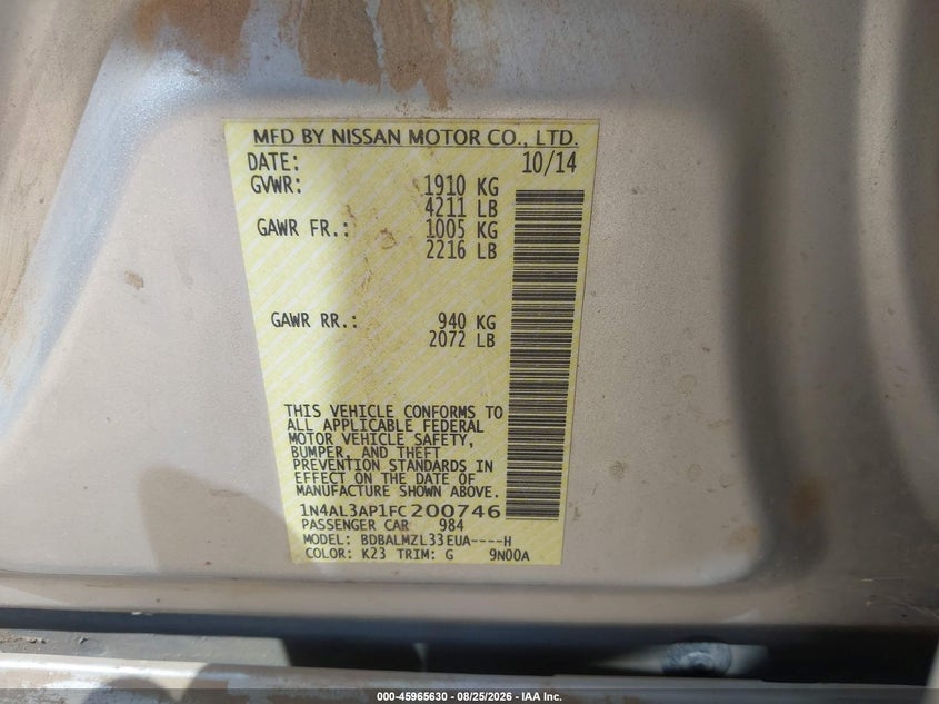 2015 NISSAN ALTIMA SEDAN 2.5L I-4 DOHC, VVT, REGULAR , 182HP