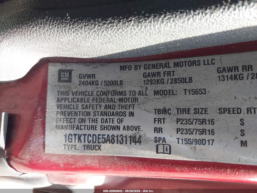 GMC CANYON 2010 VIN 1GTKTCDE5A8131144