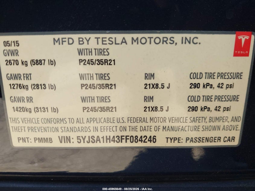 TESLA MODEL S 2015 VIN 5YJSA1H43FF084246