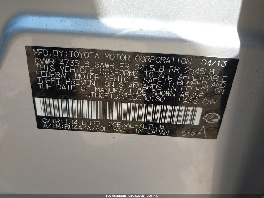 2014 LEXUS IS SEDAN 3.5L V-6 DI, DOHC, VVT, 306HP