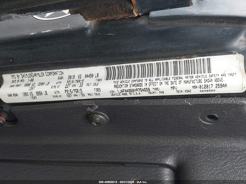 JEEP WRANGLER 2000 VIN 1J4FA49S0YP754659