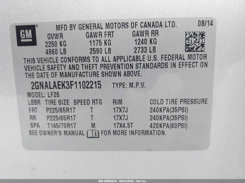 2015 CHEVROLET EQUINOX SPORT UTILITY VEHICLE 2.4L I-4 DI, DOHC, VVT, REGULAR , 182HP