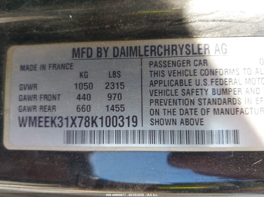 SMART FORTWO 2008 VIN WMEEK31X78K100319