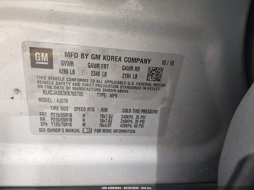 BUICK ENCORE 2019 VIN KL4CJASB3KB765705