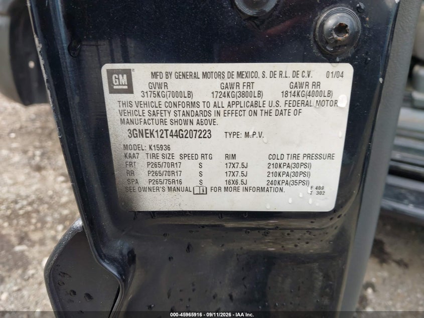 CHEVROLET AVALANCHE 1500 2004 VIN 3GNEK12T44G207223