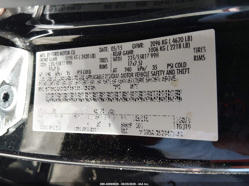 FORD ESCAPE 2015 VIN 1FMCU0G71FUC43446
