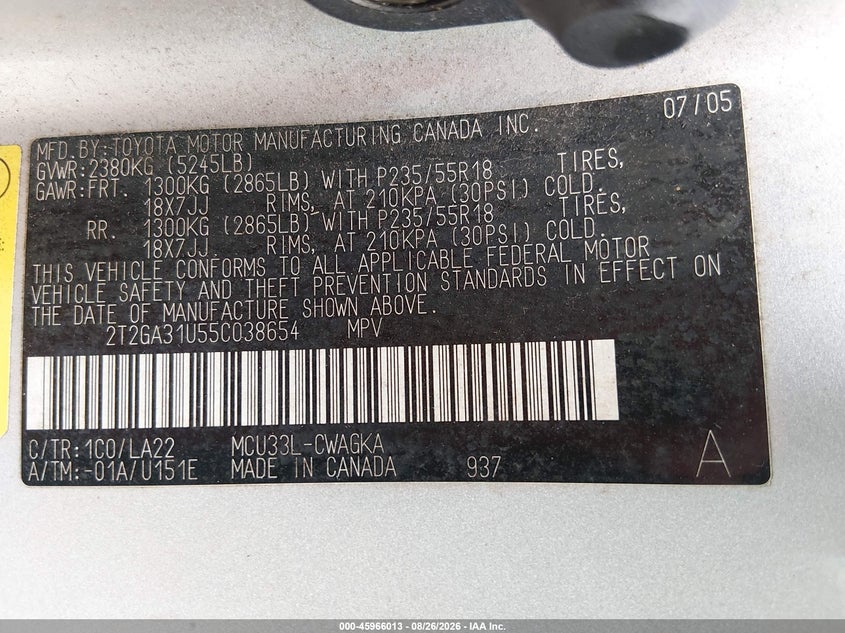 LEXUS RX 330 2005 VIN 2T2GA31U55C038654