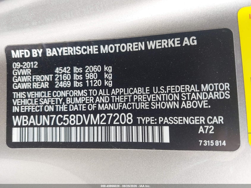 2013 BMW 1 SERIES CABRIO 3L I6 FI DOHC 24V NF4