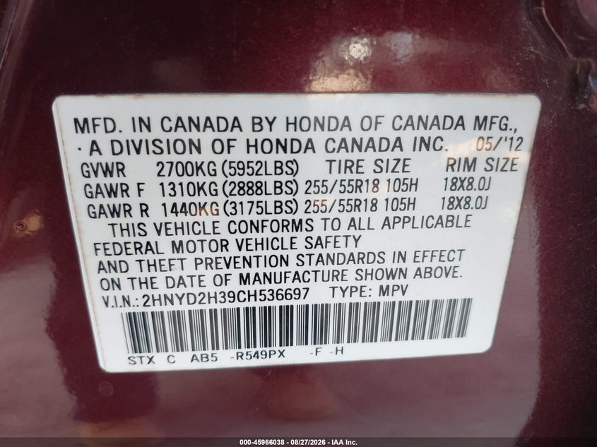 ACURA MDX 2012 VIN 2HNYD2H39CH536697