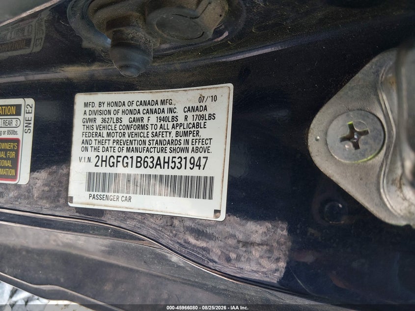 HONDA CIVIC 2010 VIN 2HGFG1B63AH531947
